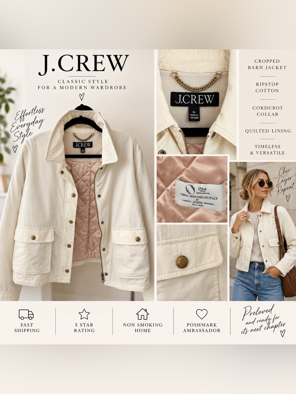 J.Crew Women's Cream Quilted-Lined Cropped Utility Jacket